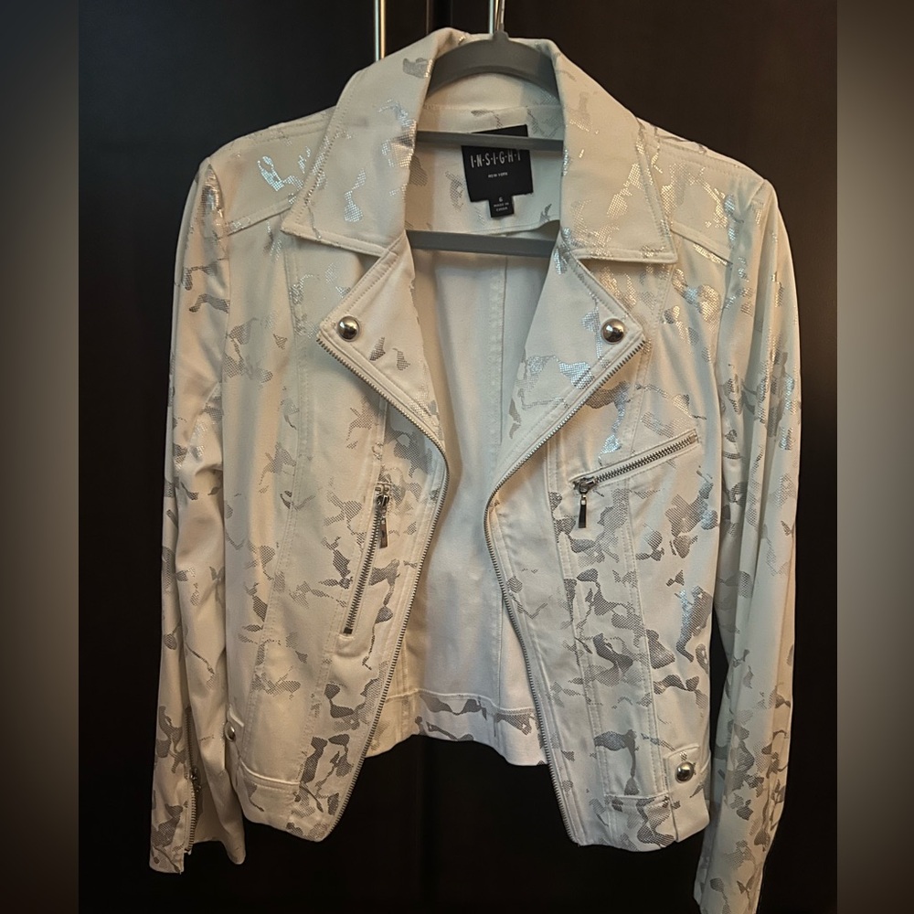 BRAND NEW Insight brand  vegan leather Moto jacket in metallic silver and white
